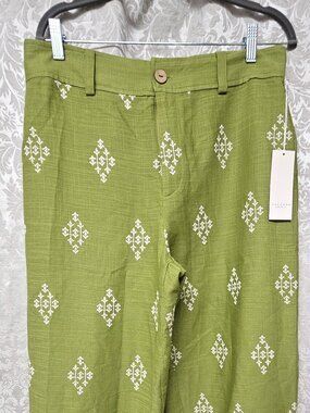 Calypso St. Barth NWT new green linen-blend trousers, ivory embroidery, size 12